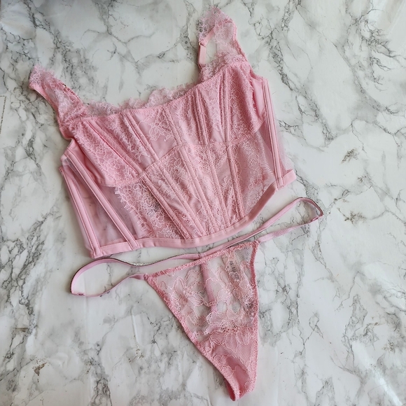 Victoria's Secret Lace Pink Corset Top and Bikini Panty | Thong Panty M - Picture 3 of 13